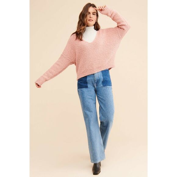 Free People Finders Keepers V Neck Boucle Sweater Blush Pink Medium Cozy Warm - Picture 1 of 9